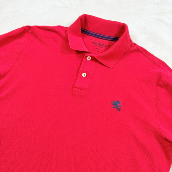 Express Other - Express Pique Polo Shirt Mens Medium Red Short‎ Sleeve Lion Logo Cotton 55285